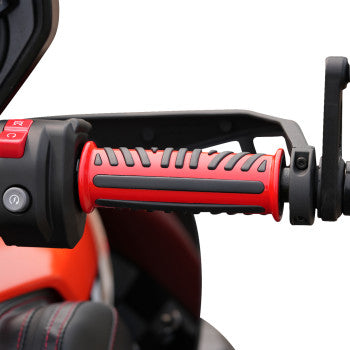 Red SHOW CHROME Combat Grips for Ryker by Bill's Exhausts, featuring textured rubber handles with chrome accents.