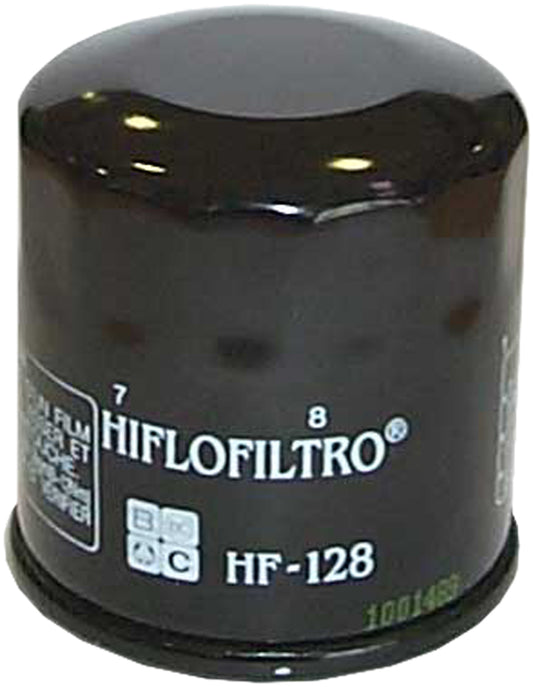 HIFLOFILTRO HF128 motorcycle oil filter showing the cylindrical filter element with branding and metal end caps.