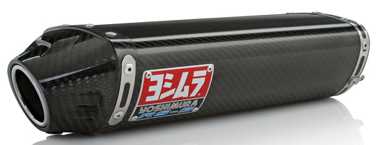 YOSHIMURA Street RS-5 slip-on UTV exhaust with carbon fiber finish, showcasing sleek design and mounting details.