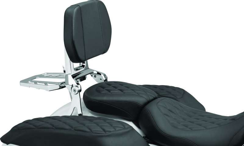 Chrome Kuryakyn Neo Driver and Passenger Backrest with Luggage Rack for motorcycle, featuring padded backrests and chrome finish.