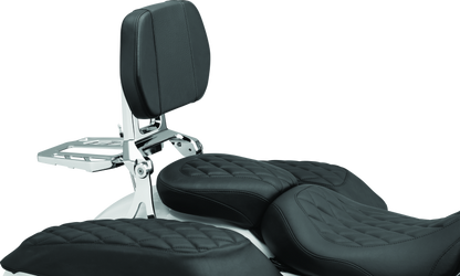 Chrome Kuryakyn Neo Driver and Passenger Backrest with Luggage Rack for motorcycle, featuring padded backrests and chrome finish.