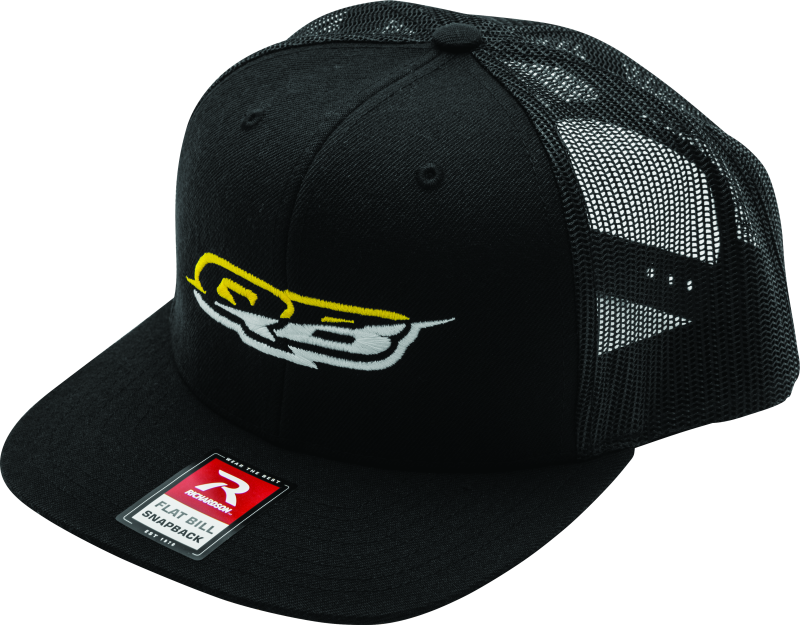 QuadBoss logo flatbill cap featuring classic trucker style and adjustable snapback, with a breathable mesh back and structured front.