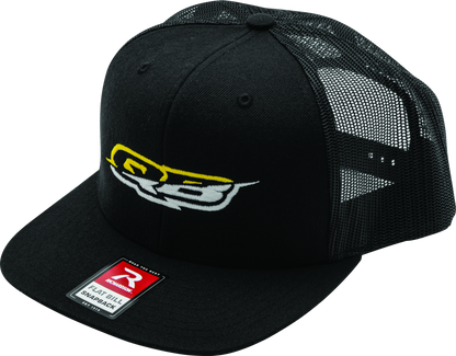 QuadBoss logo flatbill cap featuring classic trucker style and adjustable snapback, with a breathable mesh back and structured front.