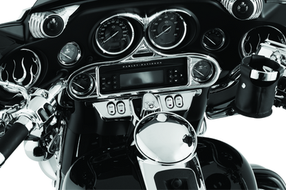 Kuryakyn Stereo Accent in chrome for 1996-2013 Harley-Davidson FL Touring models, showcasing the sleek, shiny motorcycle accessory.