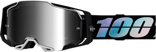 Bill's Exhausts 100% Armega Krisp silver mirror goggles with reflective lens, designed for motorcycle or sports use.