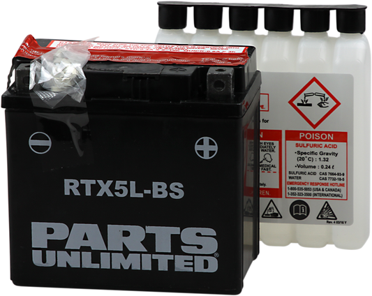 Parts Unlimited RTX5L-BS AGM motorcycle battery with 24L capacity, showing the black and silver battery with terminals.