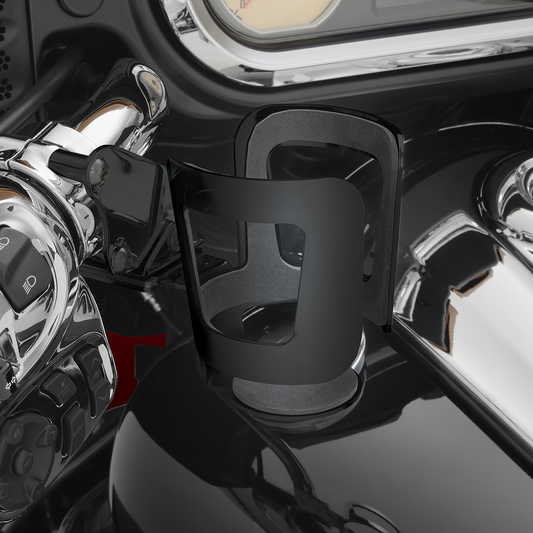 Black Show Chrome beverage holder for cruisers, designed for engine mounting, by Bill's Exhausts.