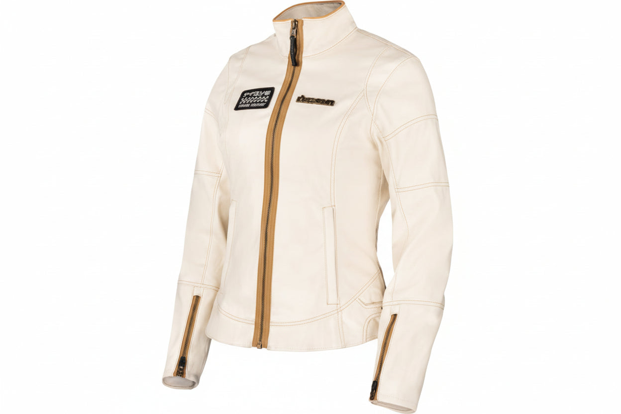 Icon Women's Tuscadero3™ white jacket by Bill's Exhausts, large size, featuring a stylish design and zipper details.
