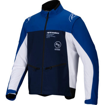 Bill's Exhausts ALPINESTARS Lite-Dura Softshell Jacket in navy, blue, and white, large size, shown on a hanger.