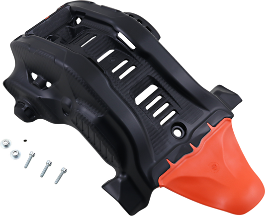 ACERBIS black and orange skid plate for Gas Gas, Husqvarna, and KTM motorcycles, durable body protection for off-road riding.