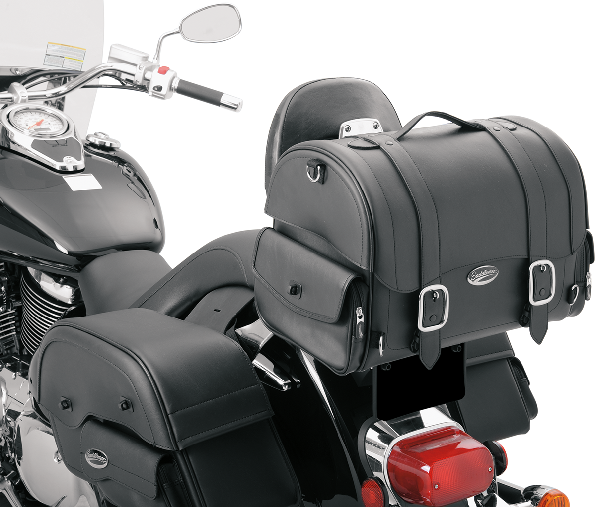 Saddlemen Drifter Express Tail Bag on motorcycle seat, Saddlehyde luggage with sleek design and secure attachment points.