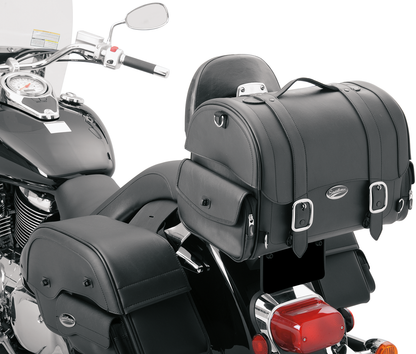 Saddlemen Drifter Express Tail Bag on motorcycle seat, Saddlehyde luggage with sleek design and secure attachment points.