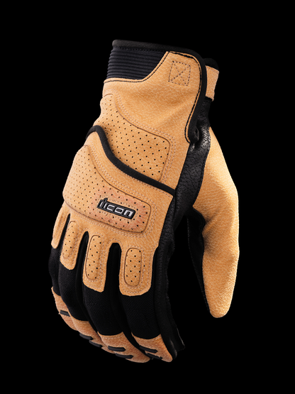 Bill's Exhausts ICON Superduty3™ gloves in tan, small size, showing durable leather construction and secure wrist closure.