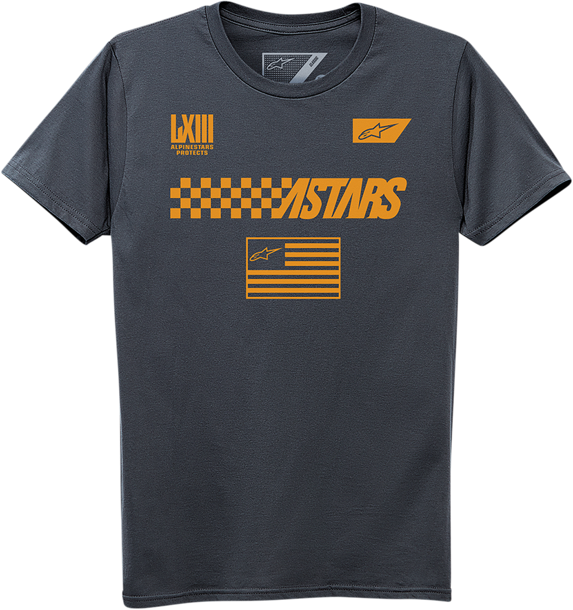 Charcoal ALPINESTARS front T-shirt in 2XL size, featuring the brand logo on the chest, displayed on a plain background.