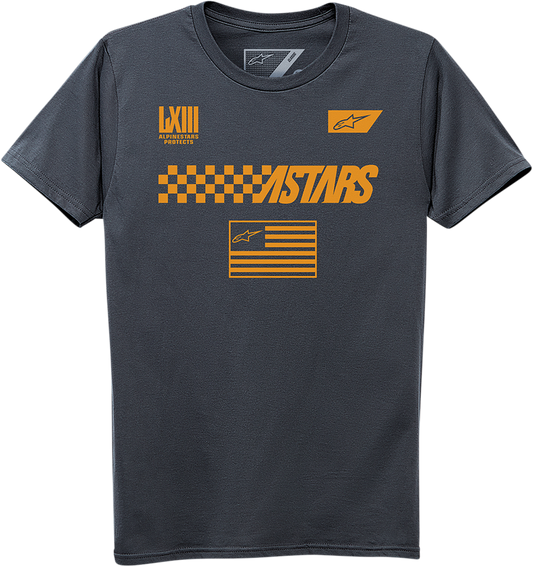 Charcoal ALPINESTARS front T-shirt in 2XL size, featuring the brand logo on the chest, displayed on a plain background.
