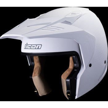 White ICON Elsinore™ helmet in large size with Monotype design, featuring a smooth, aerodynamic shell and secure chin strap.