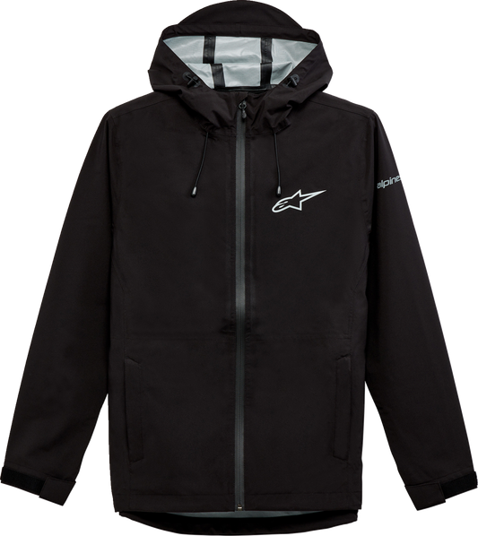 Black ALPINESTARS Omni Rain Jacket in XL, shown with waterproof fabric, adjustable hood, and full front zipper.