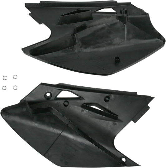 Acerbis black side panels for motorcycle body, with smooth finish and mounting points, designed for durable fit and style.