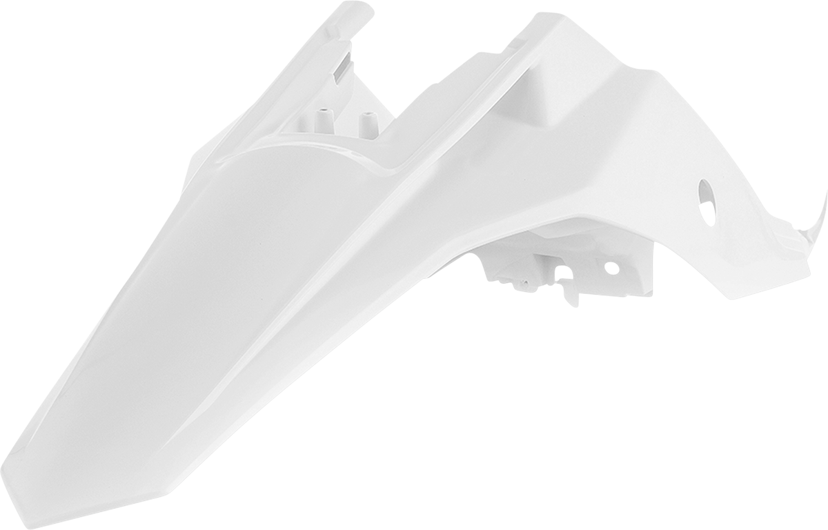 White Acerbis rear fender for motorcycle, body part with mounting points, designed for off-road or motocross bikes.
