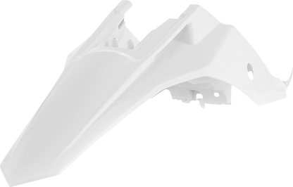 White Acerbis rear fender for motorcycle, body part with mounting points, designed for off-road or motocross bikes.