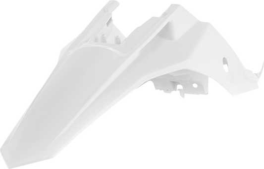 White Acerbis rear fender for motorcycle, body part with mounting points, designed for off-road or motocross bikes.
