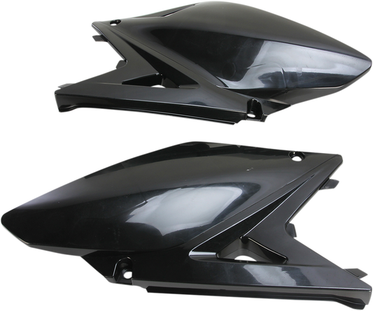 Black Acerbis side panels for motorcycle body, designed for durability and style, shown in a close-up image.