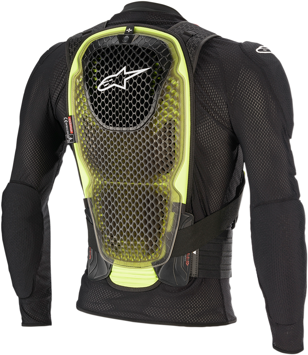 Black and yellow Alpinestars Bionic Pro v2 motorcycle jacket in small size, featuring protective armor and sporty design.