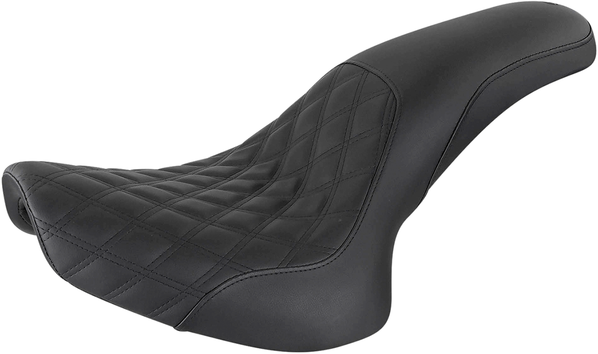 Black Saddlemen Profiler motorcycle seat for Softail, front lattice and rear smooth design, featuring soft, contoured seating.