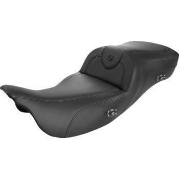 Black SADDLEMEN Roadsofa Extended Reach heated seat for motorcycle, showing the cushioned seat without backrest, designed for comfort.