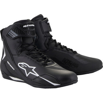 Alpinestars Faster-4 motorcycle shoes in black and white, US size 8, featuring protective design and durable materials.