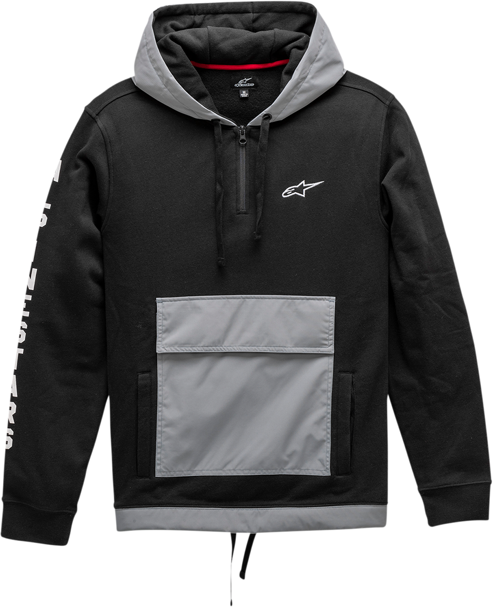 Black Alpinstars Explorer Hoodie in XL size, displayed on a hanger, featuring a casual fit and comfortable fabric.