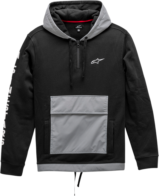 Black Alpinstars Explorer Hoodie in XL size, displayed on a hanger, featuring a casual fit and comfortable fabric.