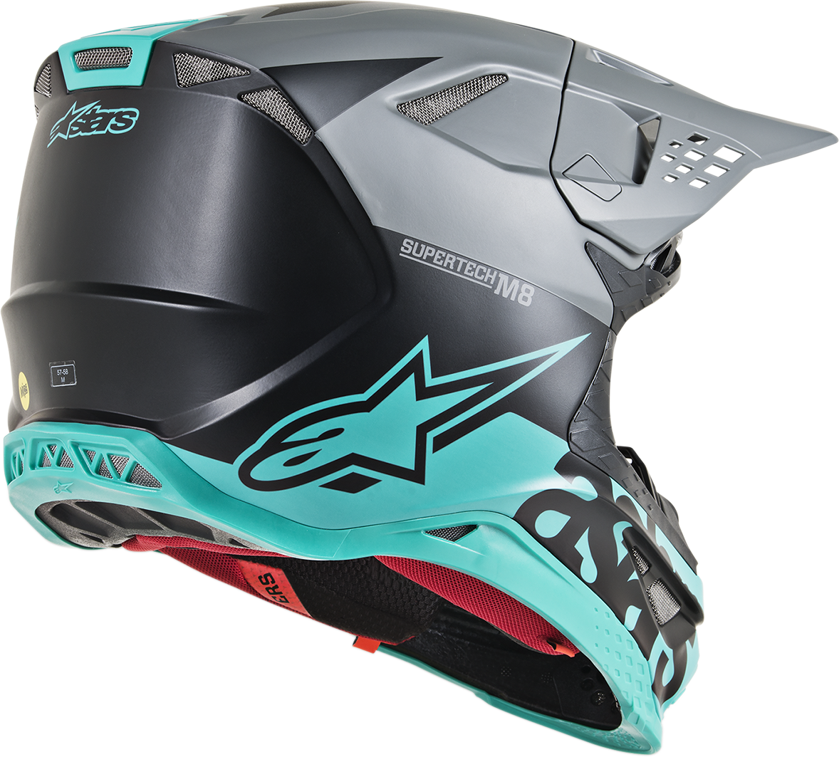 Alpinestars Supertech M8 helmet in black matte, mid gray, and teal, front view showing MIPS safety system and aerodynamic design.