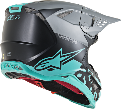 Alpinestars Supertech M8 helmet in black matte, mid gray, and teal, front view showing MIPS safety system and aerodynamic design.