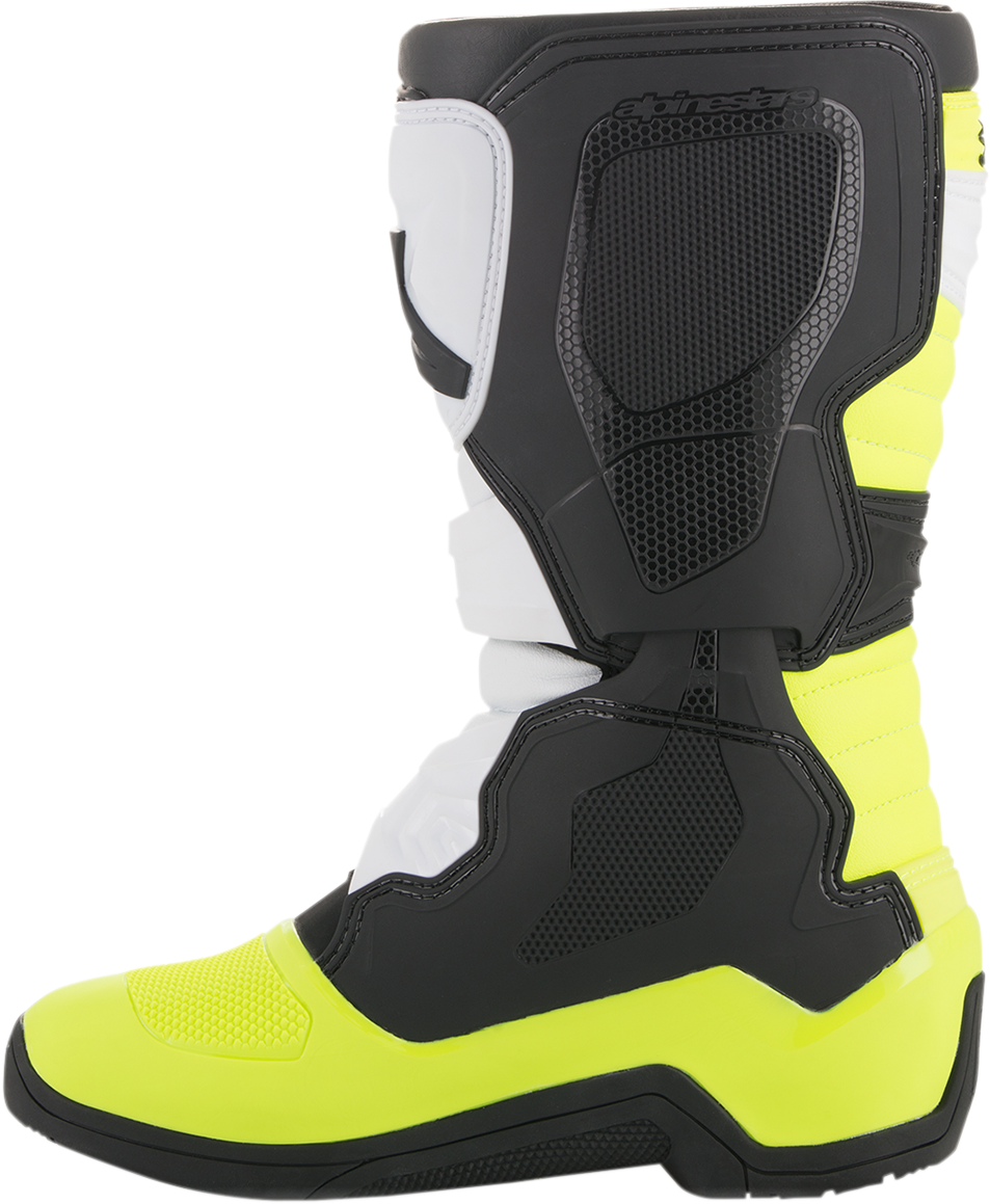 Alpinestars Tech 3S motorcycle boots in black, white, and fluorescent yellow, size US 3, with protective design and branding details.