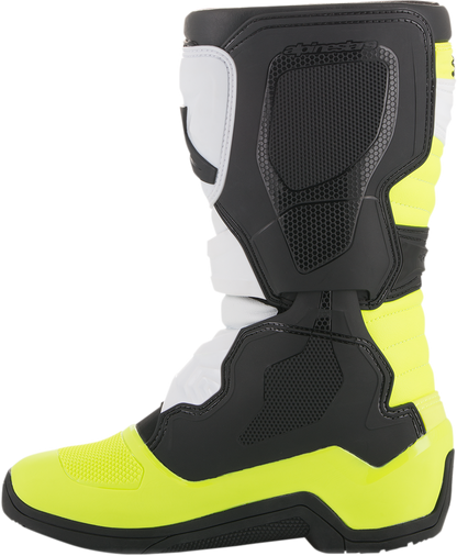 Alpinestars Tech 3S motorcycle boots in black, white, and fluorescent yellow with US size 8, shown from a side view.