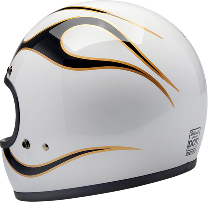 BILTWELL Gringo helmet with flame design in white and black, size XL, featuring a sturdy motorcycle helmet look.
