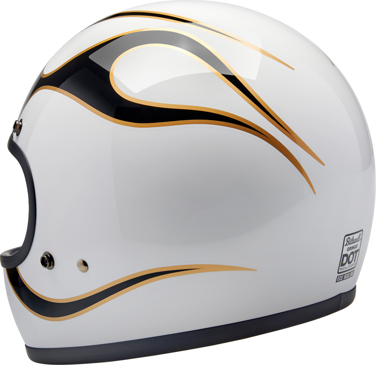 BILTWELL Gringo helmet with flame design in white and black, medium size, featuring a durable helmet shell and vented safety features.