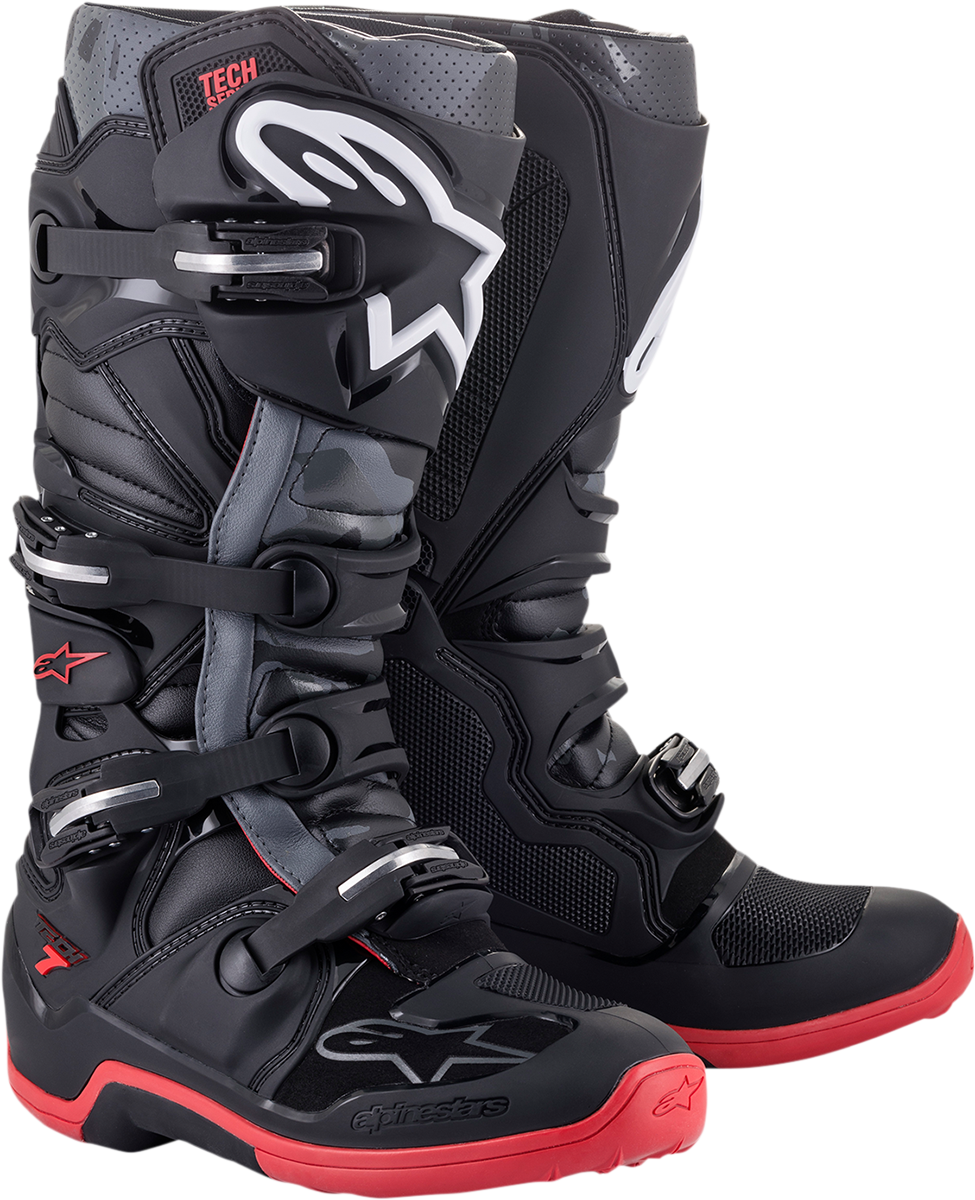 Black Alpinestars Tech 7 motorcycle boots with rugged design, size US 11, featuring protective features and durable construction.