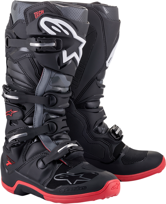 Alpinestars Tech 7 motorcycle boots in black with US size 9, featuring sturdy construction and protective design.