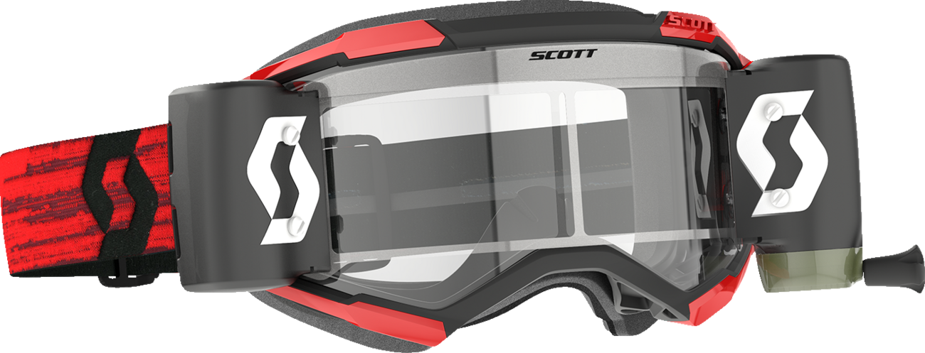 Scott Fury WFS goggles in dark red with clear lenses, designed for motorcycle or racing use, featuring a durable engine-style frame.