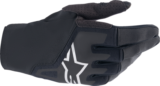 Black Alpinestars Techstar motorcycle gloves in large size, showing the textured leather and protective knuckle guards.
