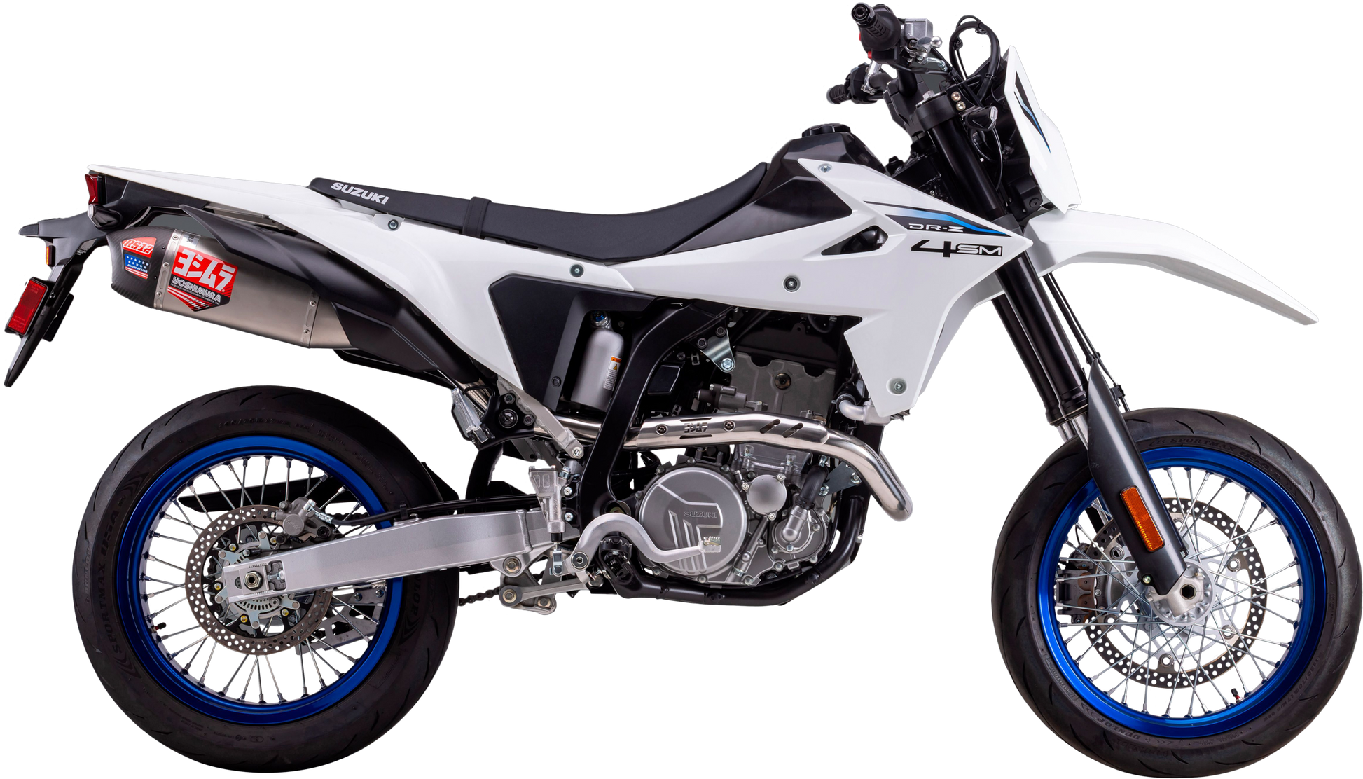 YOSHIMURA Race RS-12 full exhaust system for Suzuki with stainless steel and carbon fiber finishes, featuring sleek pipes and muffler