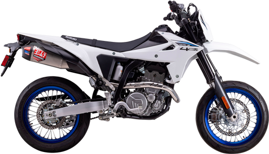 YOSHIMURA Race RS-12 full exhaust system for Suzuki with stainless steel and carbon fiber finishes, featuring sleek pipes and muffler