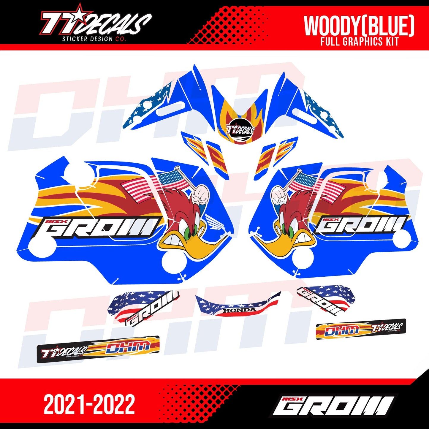 77 Decals / DHM Woody Graphic Kit for the 2022 Honda Grom - Howling Moto