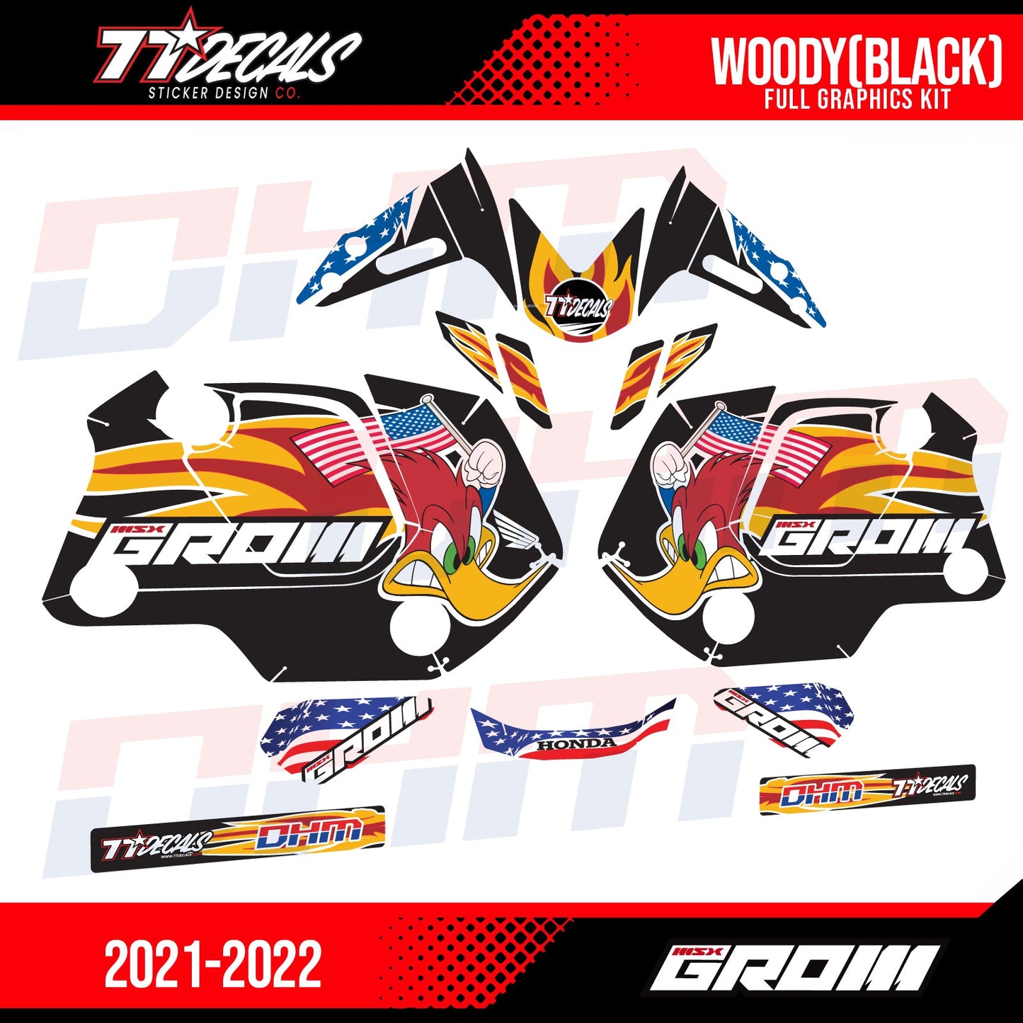 77 Decals / DHM Woody Graphic Kit for the 2022 Honda Grom - Howling Moto