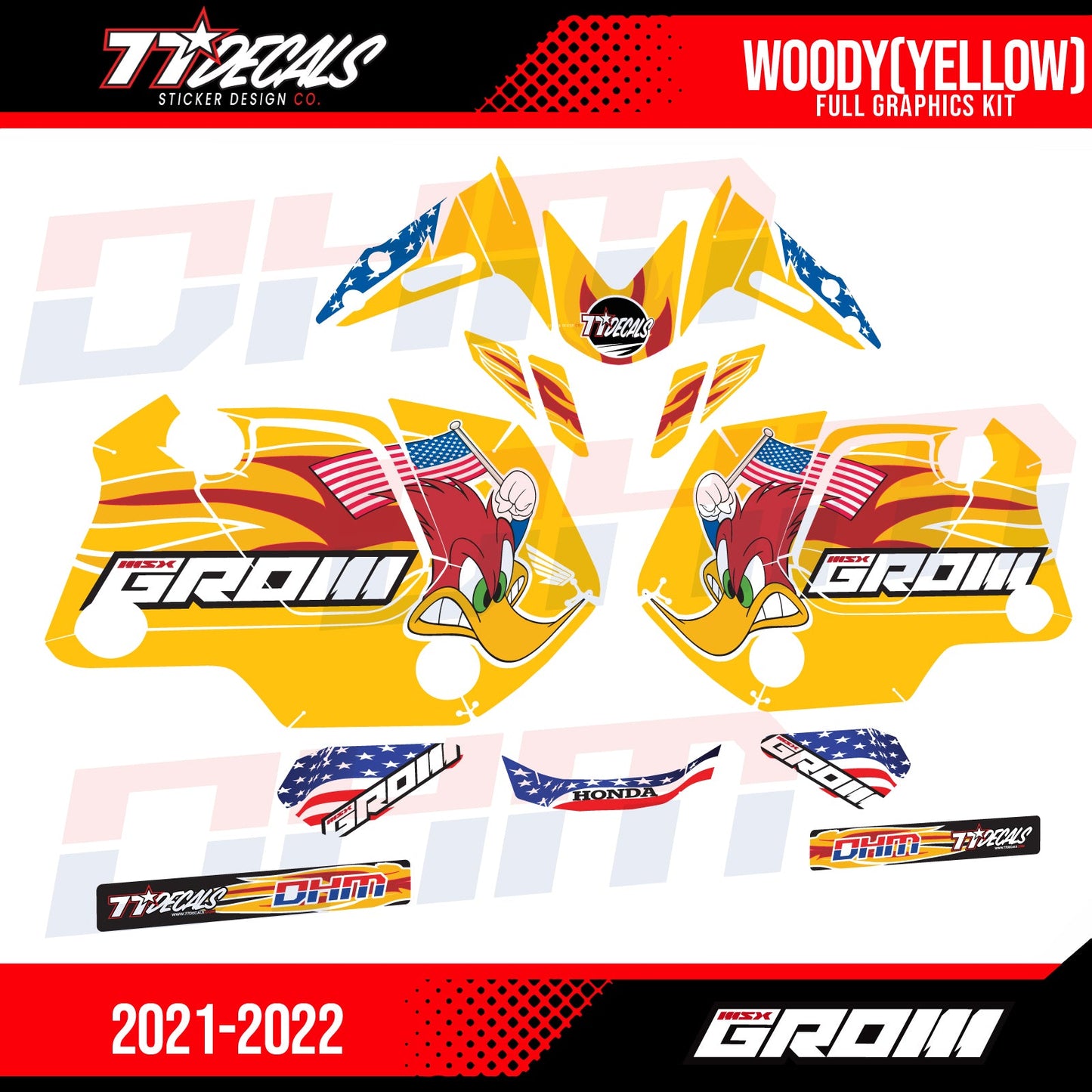 77 Decals / DHM Woody Graphic Kit for the 2022 Honda Grom - Howling Moto