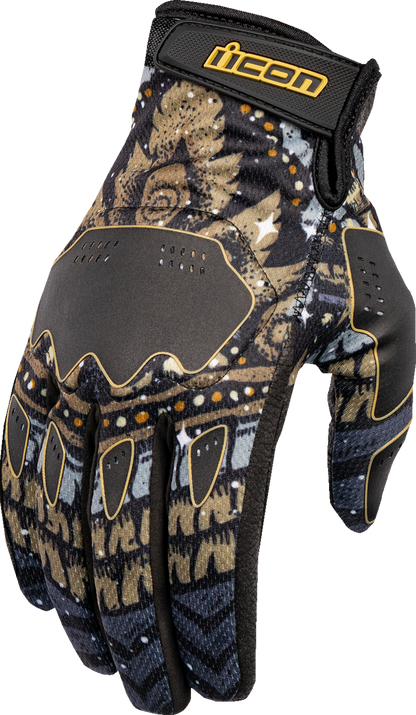 Black ICON Hooligan Daytripper™ gloves in medium size, featuring durable material and detailed stitching for motorcycle riding comfort.