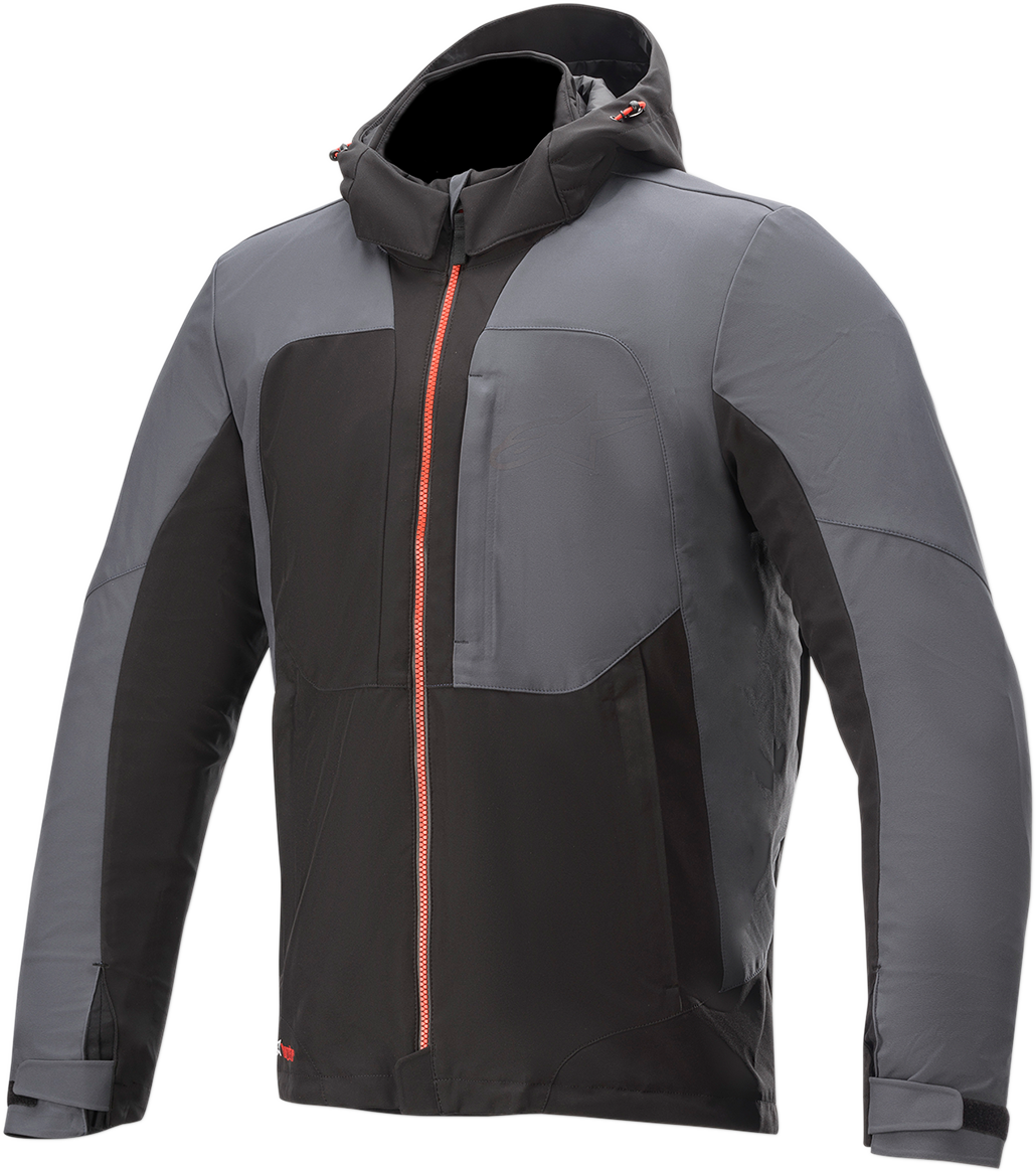 Alpinestars Stratos v2 Techshell Drystar jacket in black, gray, and red, 4XL size, displayed on a hanger.