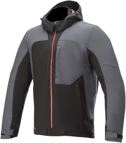 Alpinestars Stratos v2 Techshell Drystar jacket in black, gray, and red, 4XL size, displayed on a hanger.
